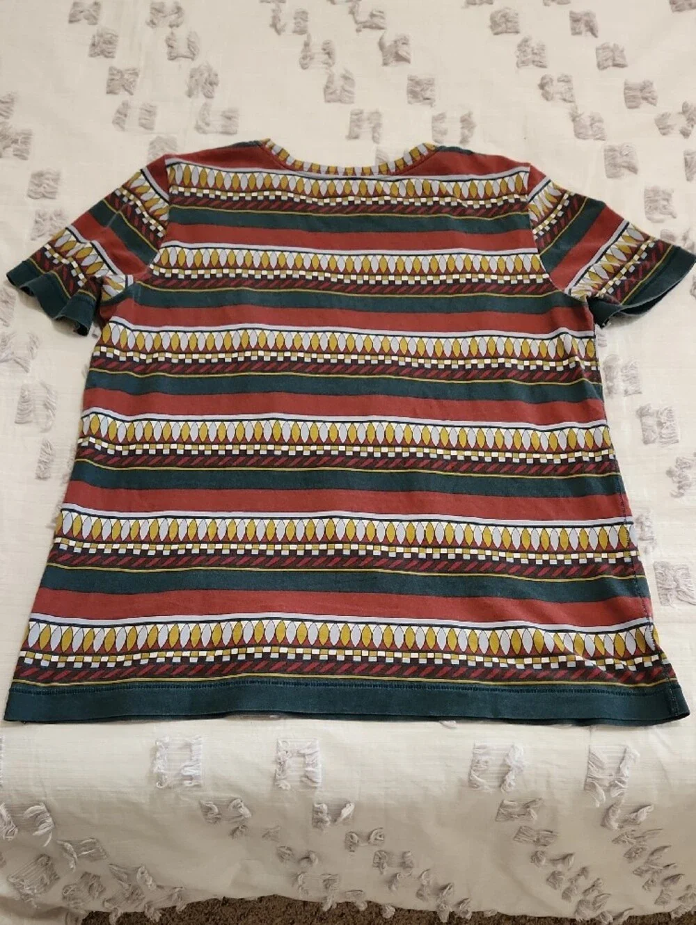 Tory Burch Short-Sleeve Geo Stripe Tee in Maroon, Teal & Yellow